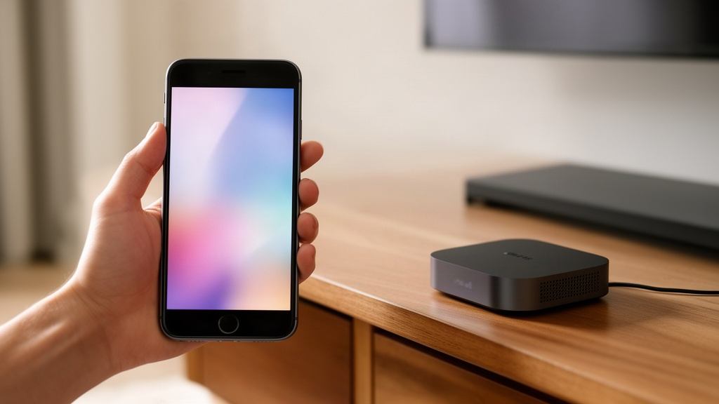 Main tenant un smartphone Android à côté d'un petit boîtier TV
