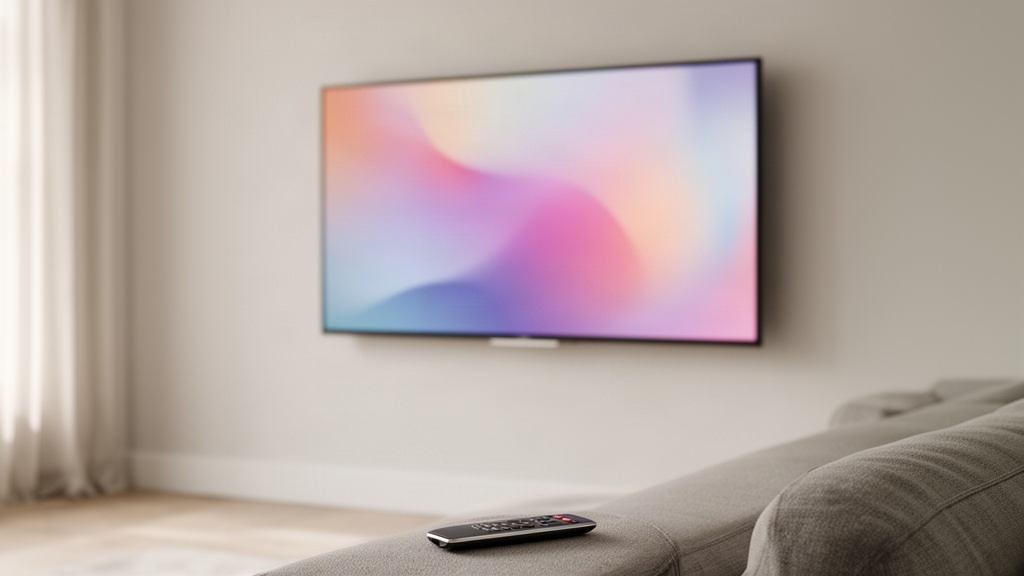 Smart TV fixée au mur d'un salon, télécommande sur l'accoudoir du canapé
