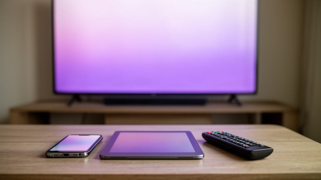 Smartphone, tablette et télécommande posés devant une smart TV allumée