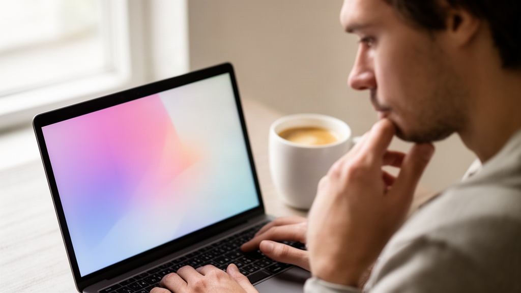 Personne qui lit des avis sur un ordinateur portable, une tasse de café à côté