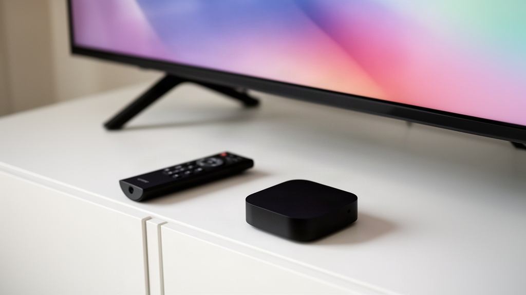 Petit boîtier TV noir et sa télécommande posés sous un téléviseur