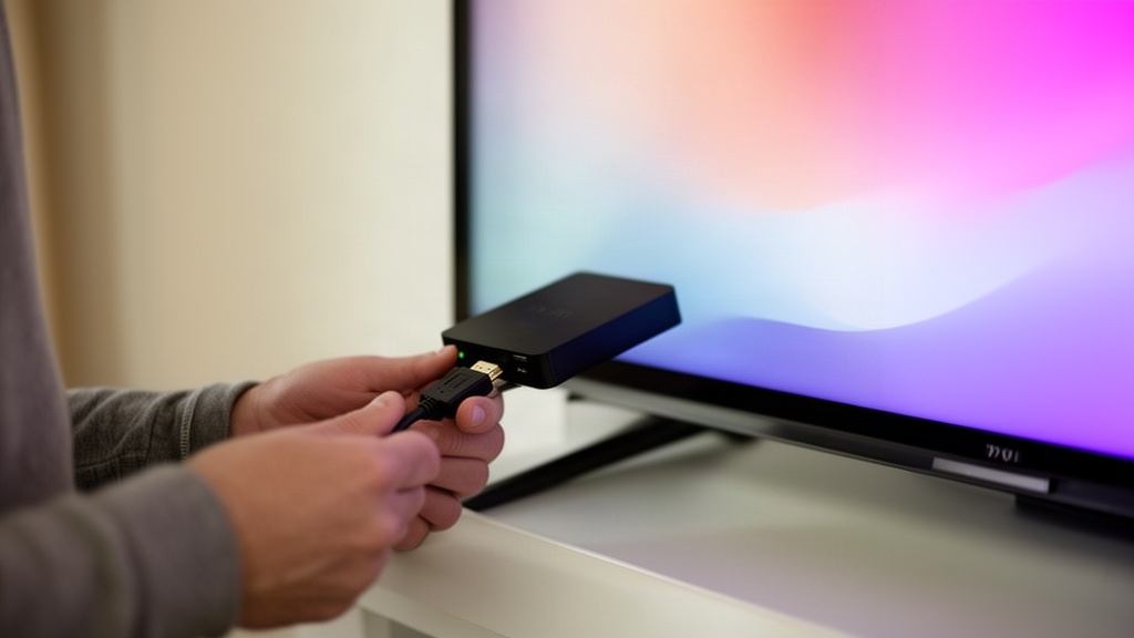 Personne qui branche un boîtier Android sur le port HDMI d'un téléviseur
