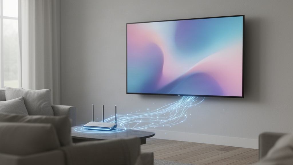 Smart TV reliée à une box internet, le flux de données représenté par des lignes lumineuses