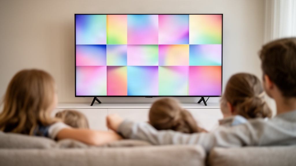 Famille sur un canapé devant un téléviseur affichant une grille de chaînes