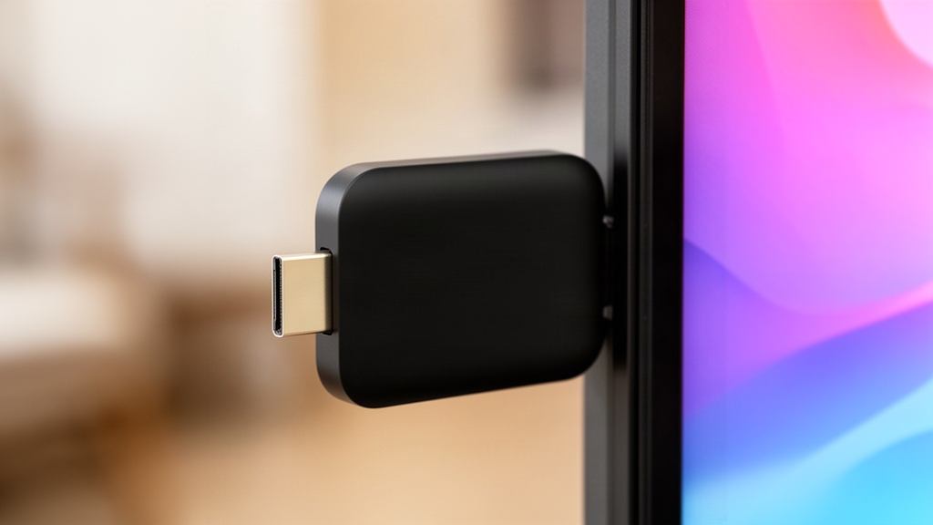 Clé HDMI noire branchée sur le côté d'un téléviseur