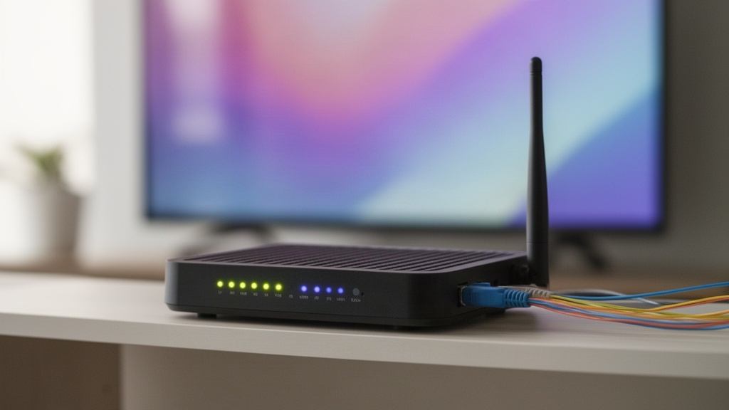 Box internet fibre aux voyants allumés devant un téléviseur