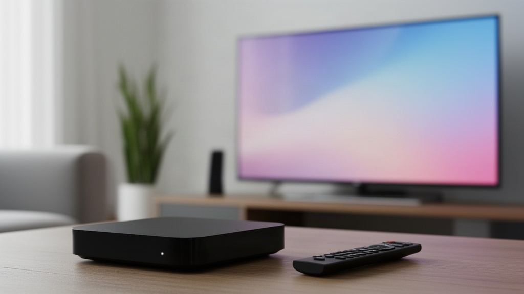 Décodeur IPTV noir et télécommande posés devant un téléviseur