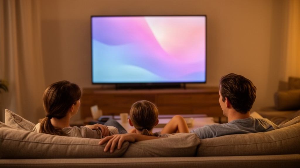 Famille installée devant la télévision un soir, lumière chaude