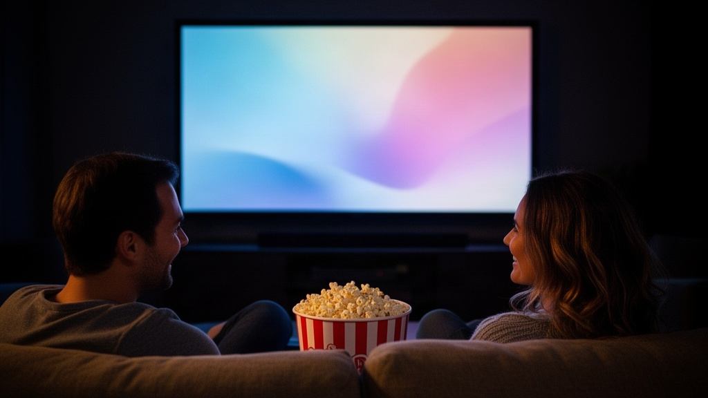 Couple qui regarde un film le soir avec du pop-corn