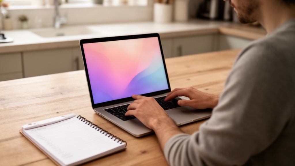 Personne qui compare des offres sur un ordinateur portable avec un carnet de notes