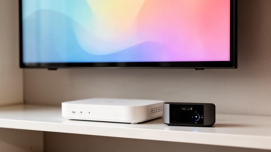 Box internet blanche et petit lecteur TV posés sous un téléviseur