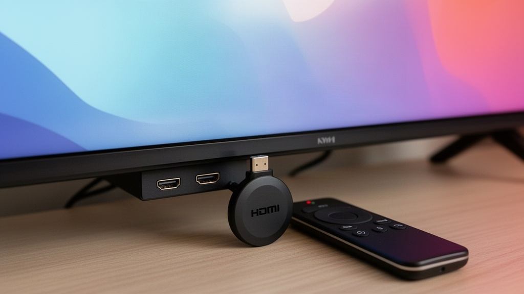 Dongle HDMI rond branché sous un téléviseur, avec sa télécommande