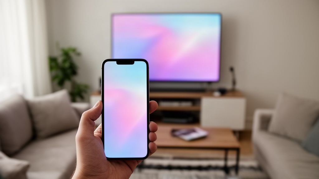 Main tenant un iPhone devant un téléviseur dans un salon