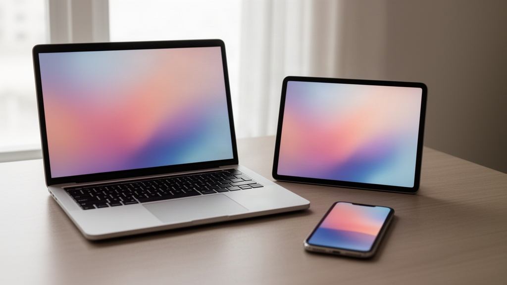 Ordinateur portable, tablette et smartphone posés sur une table, écrans allumés