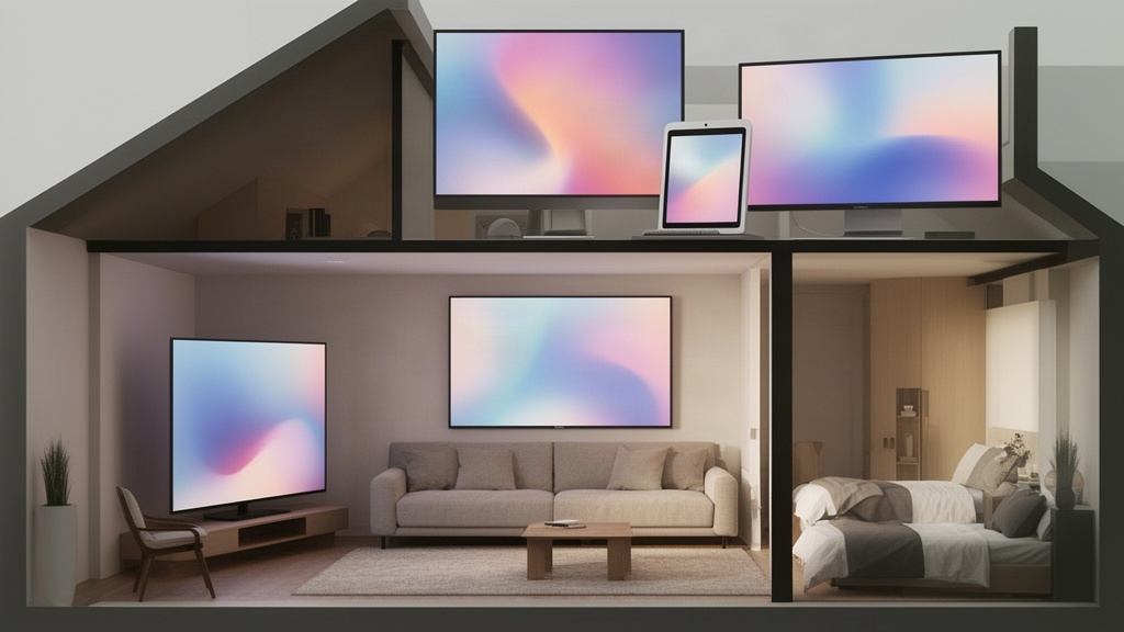 Maison en coupe avec un téléviseur au salon et des écrans dans d'autres pièces
