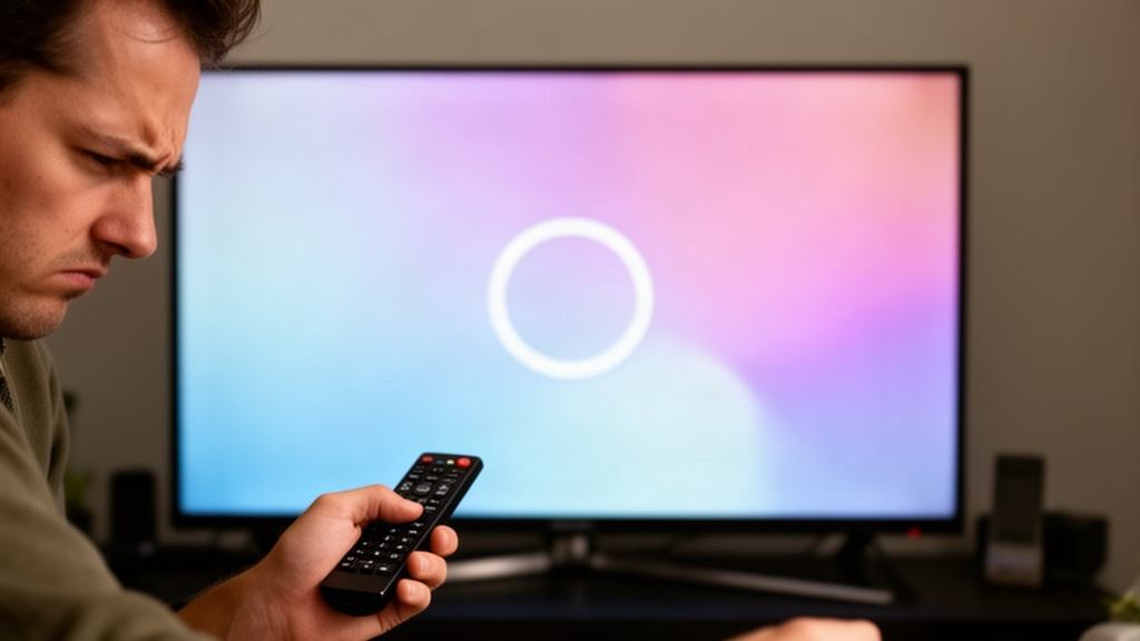 Homme perplexe devant un téléviseur bloqué sur un cercle de chargement