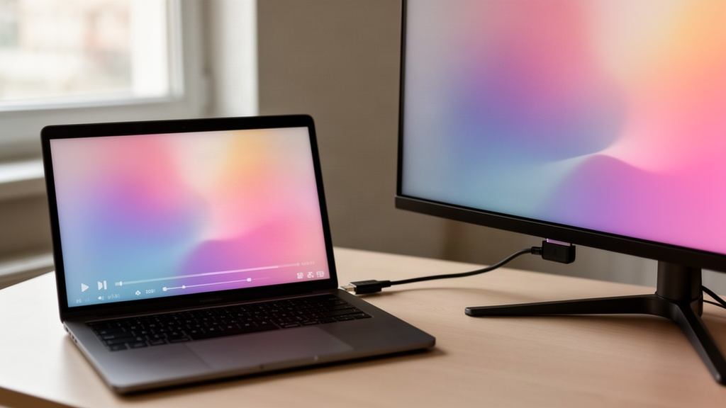 Ordinateur portable relié en HDMI à un écran sur un bureau
