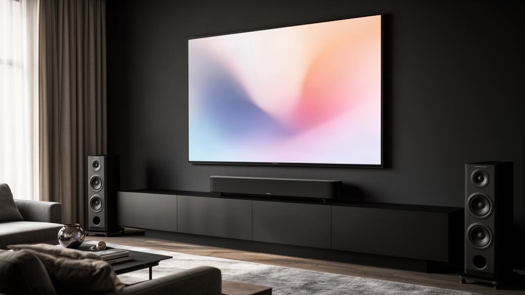 Home cinéma avec grand téléviseur, barre de son et enceintes dans un salon sombre