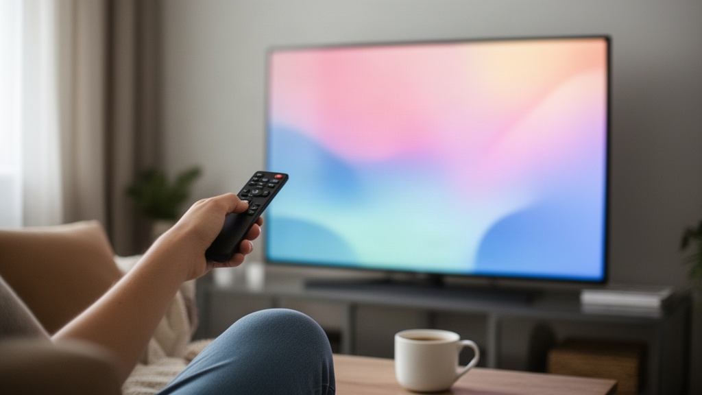 Personne qui pointe la télécommande vers le téléviseur un matin, café sur la table