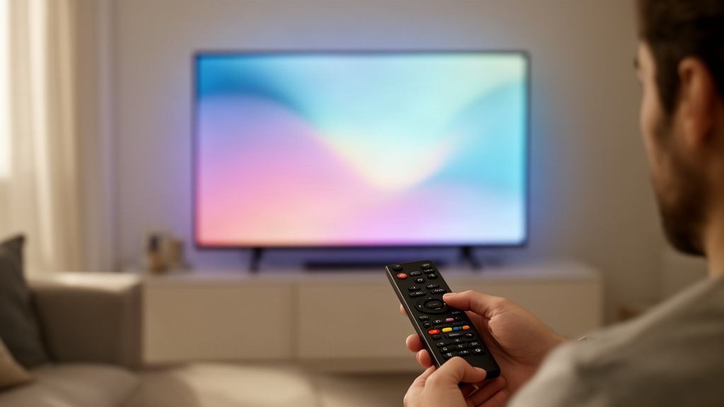 Personne qui tient une télécommande devant une smart TV allumée