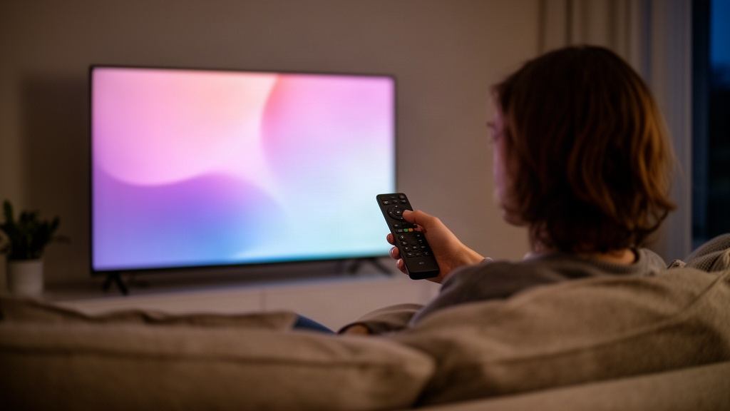 Personne qui configure une smart TV avec la télécommande depuis son canapé
