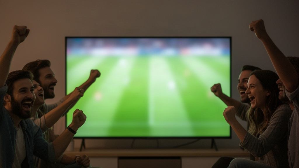Amis qui célèbrent un but devant un match diffusé à la télévision