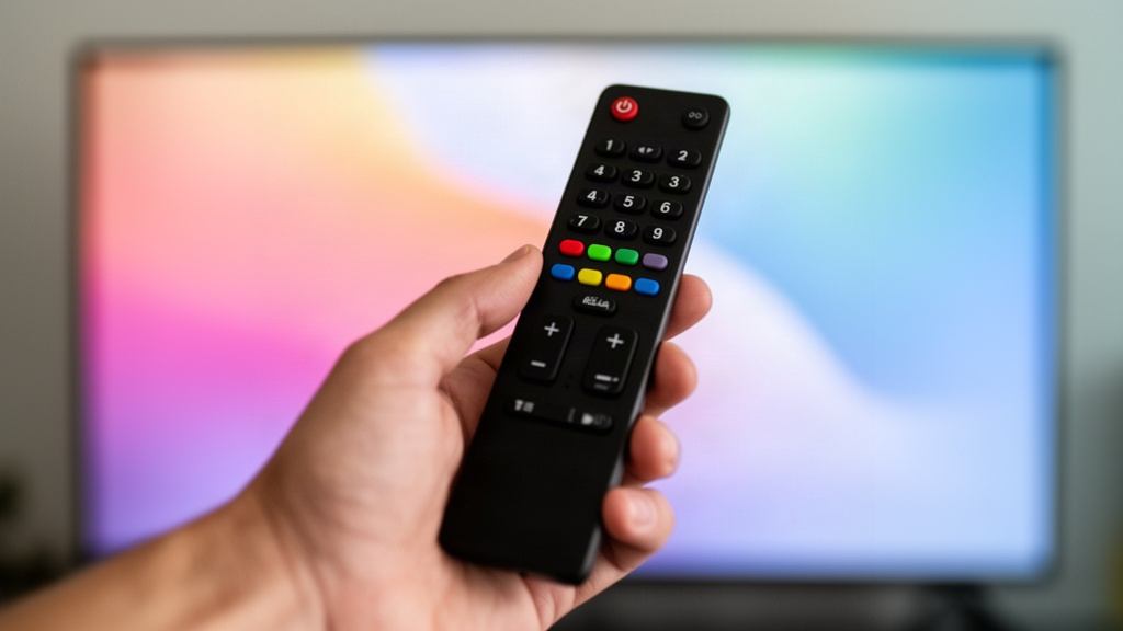 Main tenant une télécommande noire aux touches de couleur