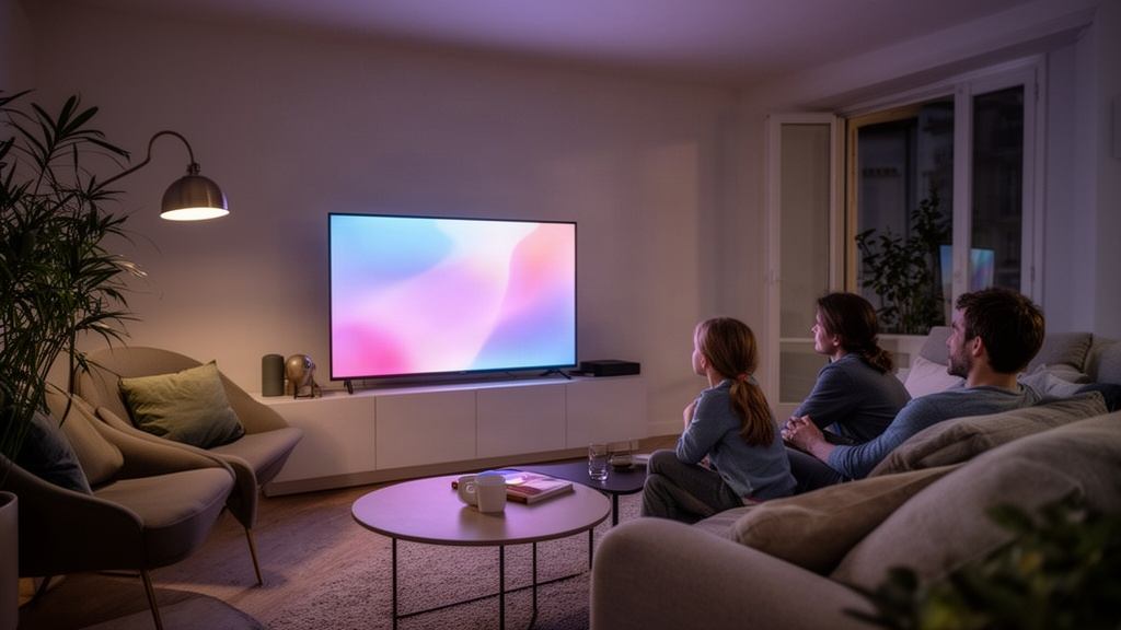Famille qui regarde la télévision le soir dans un salon d'appartement