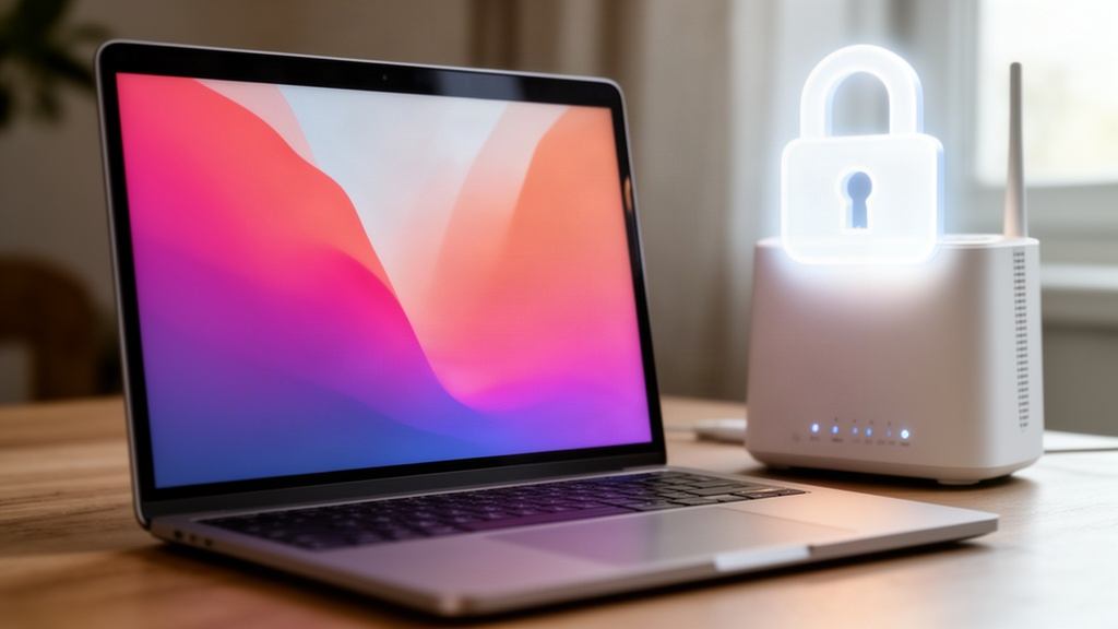 Ordinateur portable à côté d'une box internet surmontée d'un cadenas lumineux